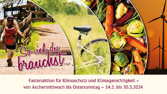 Das Bild zur Klimafastenaktion 2024 zeigt von links nach rechts ein wanderndes Kind, ein Fahrrad in der Wiese, gekochtes Gemüse und zwei Windräder in der Abendsonne.