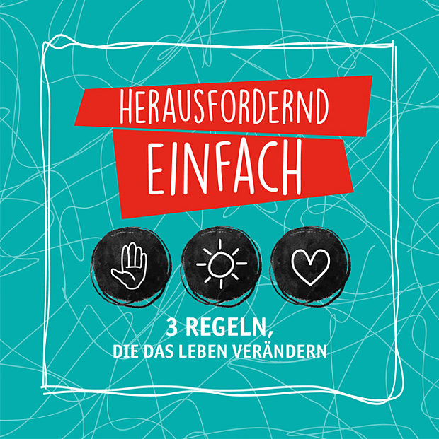 Cover des quadratischen Heftchen. Auf dem Titelbild sind in einem schwarzen Kreis jeweils eine Hand, eine Sonne und ein Herz skizziert. Sie symbolisieren Wesleys 3 Regeln: Nichts Böses tun – Gutes tun – in der Liebe Gottes bleiben.