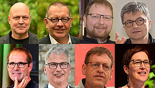 Das Bild zeigt eine Collage von Porträts der 7 Superintendenten und der einen Superintendentin. Alle Personen tragen Brillen und haben einen ähnlichen Hintergrund.