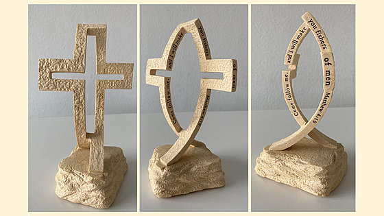 Eine Skulptur als Symbol für die Einheit der Christen: Sie bildet je nach Blickwinkel den Fisch, das älteste Symbol der Christenheit, oder das Kreuz als Zeichen der Auferstehung.