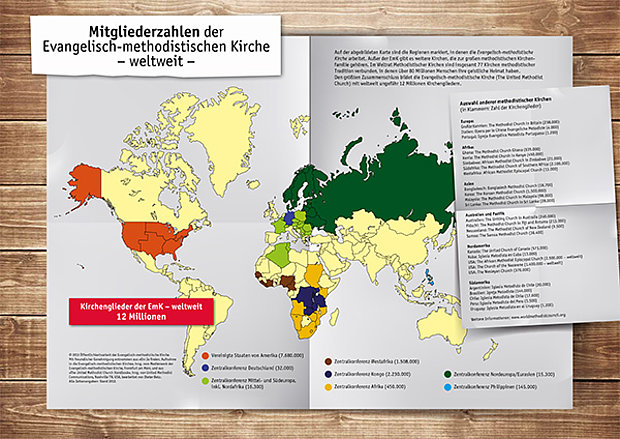 Symbolbild. Weltkarte mit einer Übersicht der EmK-Mitgliederzahlen.