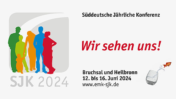 Die abgebildete Grafik lädt zu einer Kirchentagung ein. Links ist eine Gruppe aus sechs Personen unterschiedlichen Alters skizziert. Damit wird die Kirche als Angebot für alle Generationen versinnbildlicht. Rechts finden sich Thema sowie Orte und Zeiten.