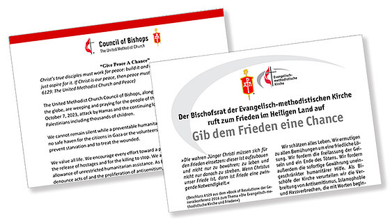 Abgebildet ist ein Ausschnitt aus dem Schriftstück, das die Erklärung des EmK-Bischofsrats zum Gaza-Krieg zeigt. Darunter schaut die englische Fassung hervor.