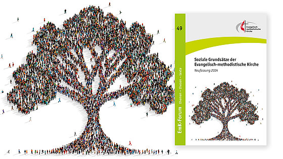 Die Collage hat zwei Teile: links einen bunten Baum aus vielen Menschen, die von oben betrachtet werden, und rechts die Titelseite des Hefts mit den neuen Sozialen Grundsätzen, auf der ebenfalls der Baum abgebildet ist.