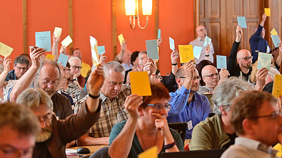 Das Plenum, im Bildausschnitt ganz überwiegend aus Männern bestehend, stimmt mit hoch gehaltenen Stimmkarten ab. An der Wand angebrachte zweiarmige Lampen erhellen den Raum. Rechts daneben findet sich eine doppelflügige Holztür.