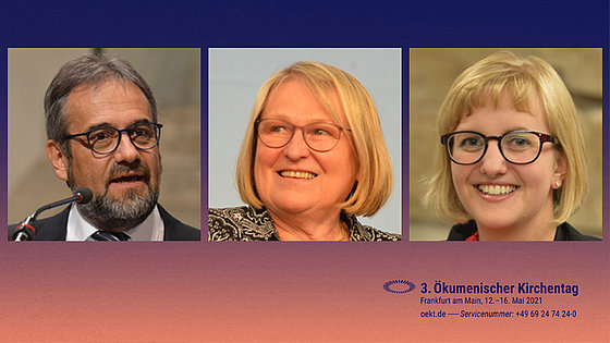 Beim Ökumenischen Kirchentag in Frankfurt am Main ist die Evangelisch-methodistische Kirche an prominenten Stellen vertreten (von links): Bischof Harald Rückert, Bischöfin i.R. Rosemarie Wenner und Pastorin Mareike Bloedt.