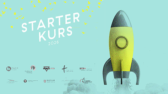 Auf helltürkisem Hintergrund steht links das Wort Starterkurs. Darunter befinden sich die Logos und Namen der katholischen und evangelischen Veranstalter, auch die EmK. Rechts startet eine kleine Rakete.