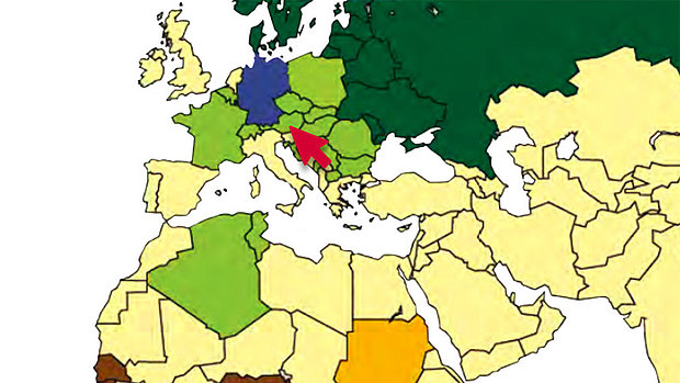 Symbolbild. Landkarte von Nordafrika, Europa und Teile Asiens mit farblicher Markierung der Länder, in denen die EmK vertreten ist. 