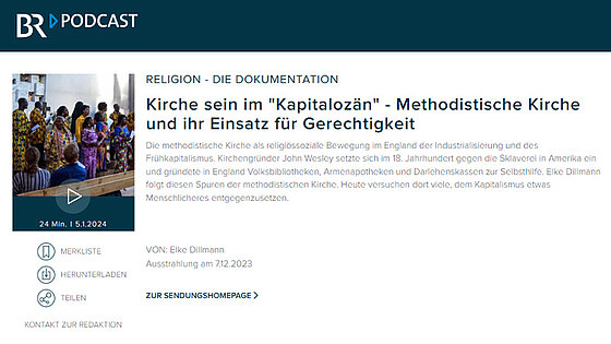 Das Bild zeigt die Internetseite des Bayerischen Rundfunks, mit dem Link zum Radiobeitrag von Elke Dillmann. Titel: »Kirche im ›Kapitalozän‹«. Abgebildet ist der afrikanische Chor der internationalen evangelisch-methodistischen Gemeinde München Peace Church.