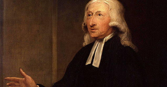 Gemälde von John Wesley. Er trägt langes weißes Haar und hat einen Talar mit Beffchen an