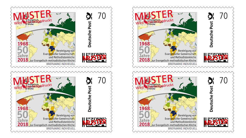 Eine Briefmarke erinnerte 2018 in Deutschland daran, dass die Evangelisch-methodistische Kirche fünfzig Jahre zuvor gegründet wurde. Jetzt sieht sich die Kirche von einer Spaltung bedroht.