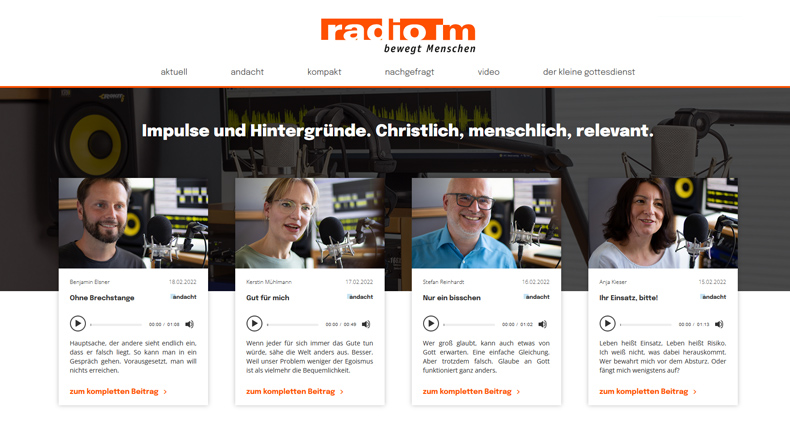 Knappe und pointierte Radioandachten, kurze Gottesdienste mit Tiefgang sowie Kommentare und Beiträge aus der Welt von Kirche und Gesellschaft. Das und noch viel mehr bietet der Internetauftritt von »radio m«. 