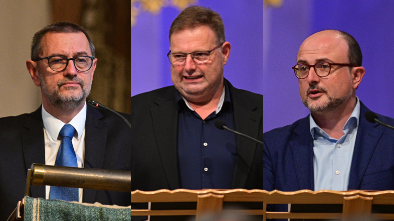 Drei, die sich einig sind, dass Veränderung nötig ist (von links): der Laienprediger Martin Chmel sowie die Grußredner Dietmar Helmer und Georgios Vlantis.
