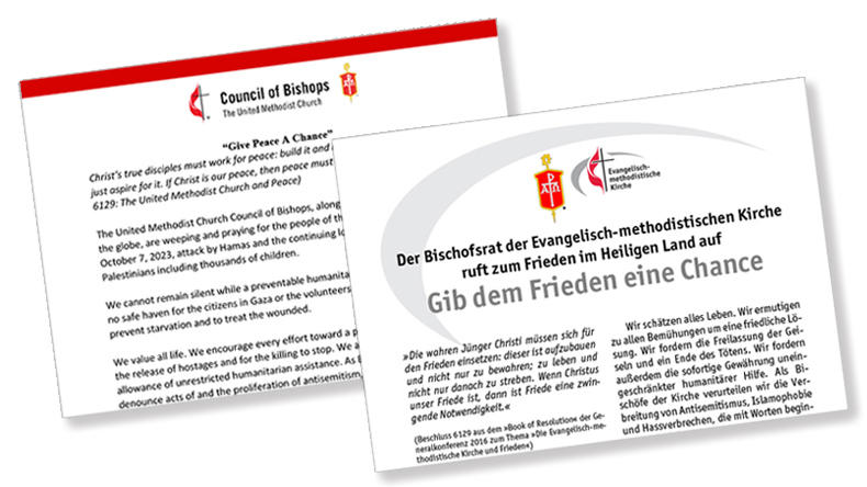 Abgebildet ist ein Ausschnitt aus dem Schriftstück, das die Erklärung des EmK-Bischofsrats zum Gaza-Krieg zeigt. Darunter schaut die englische Fassung hervor.