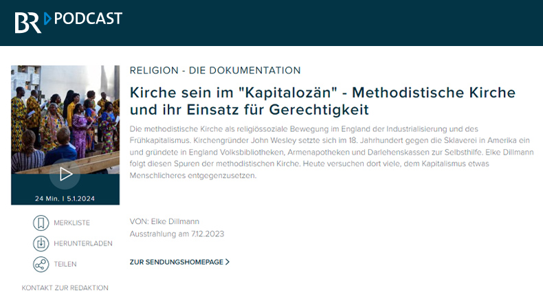 Das Bild zeigt die Internetseite des Bayerischen Rundfunks, mit dem Link zum Radiobeitrag von Elke Dillmann. Titel: »Kirche im ›Kapitalozän‹«. Abgebildet ist der afrikanische Chor der internationalen evangelisch-methodistischen Gemeinde München Peace Church.
