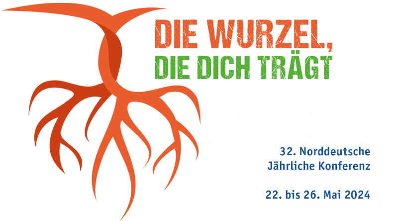 Links sind in unterschiedlichen Rottönen zwei ineinander verschlungene Wurzeln dargestellt. Rechts oben steht in Rot und Grün das Motto der Tagung. Darunter folgende Information in Blau: »32. Norddeutsche Jährliche Konferenz« und »22. bis 26. Mai 2024«.