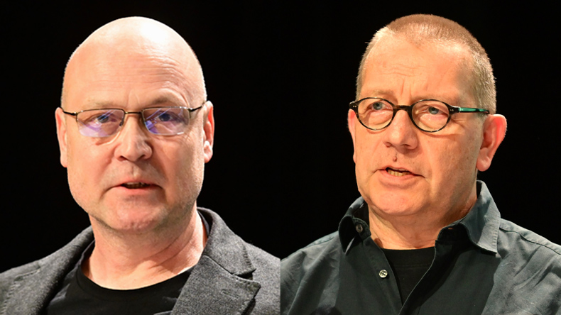 Die neuen Superintendenten der Norddeutschen Jährlichen Konferenz. Links der großgewachsene glatzköpfige Holger Sieweck im Jackett und T-Shirt. Rechts Olaf Wischhöfer im offenen schwarze Hemd und T-Shirt. Er hat sehr kurzes Haar. Beide sind Brillenträger.
