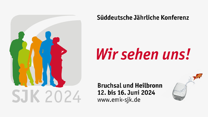 Die abgebildete Grafik lädt zu einer Kirchentagung ein. Links ist eine Gruppe aus sechs Personen unterschiedlichen Alters skizziert. Damit wird die Kirche als Angebot für alle Generationen versinnbildlicht. Rechts finden sich Thema sowie Orte und Zeiten.