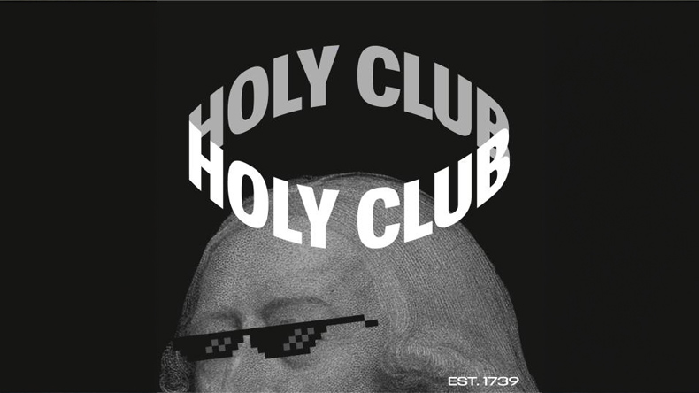 Das Bild zeigt den oberen Teil des Kopfes von John Wesley. Ihm wurde eine Sonnenbrille und ein Heiligenschein hinzugefügt. Der Heiligenschein über dem Kopf besteht aus dem zweimaligen englischen Ausdruck »Holy Club«.