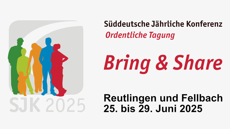 Banner für die Süddeutsche Jährliche Konferenz 2025. Das Banner zeigt stilisierte Silhouetten von Menschen verschiedener Altersgruppen und Geschlechter, die nebeneinander stehen. Der Text "Süddeutsche Jährliche Konferenz Ordentliche Tagung Bring & Share Reutlingen und Fellbach 25. bis 29. Juni 2025" ist deutlich sichtbar. Das Akronym "SJK 2025" ist ebenfalls abgebildet.