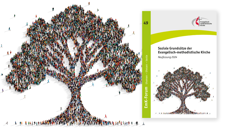Die Collage hat zwei Teile: links einen bunten Baum aus vielen Menschen, die von oben betrachtet werden, und rechts die Titelseite des Hefts mit den neuen Sozialen Grundsätzen, auf der ebenfalls der Baum abgebildet ist.