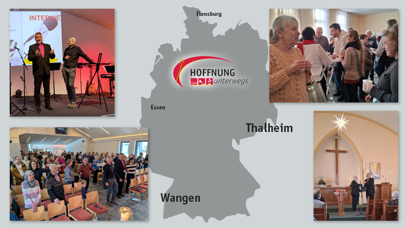 Das Bild ist eine Collage: In der Mitte die Umrisse der Bundesrepublik Deutschland mit dem Text »Hoffnung unterwegs«. Links zwei Fotos aus Wangen im Allgäu und rechts zwei Fotos aus Thalheim im Erzgebirge.