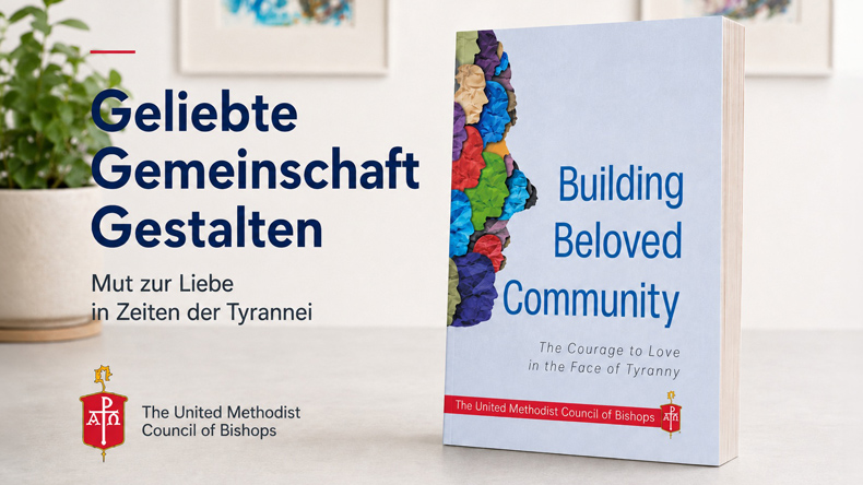 	Rechts die vordere Umschlagseite des Buches. Links folgender Text: »Geliebte Gemeinschaft Gestalten. Mut zur Liebe in Zeiten der Tyrannei. « und das Logo des Bischofsrats der EmK. Im Hintergrund eine Pflanze und zwei Gemälde.